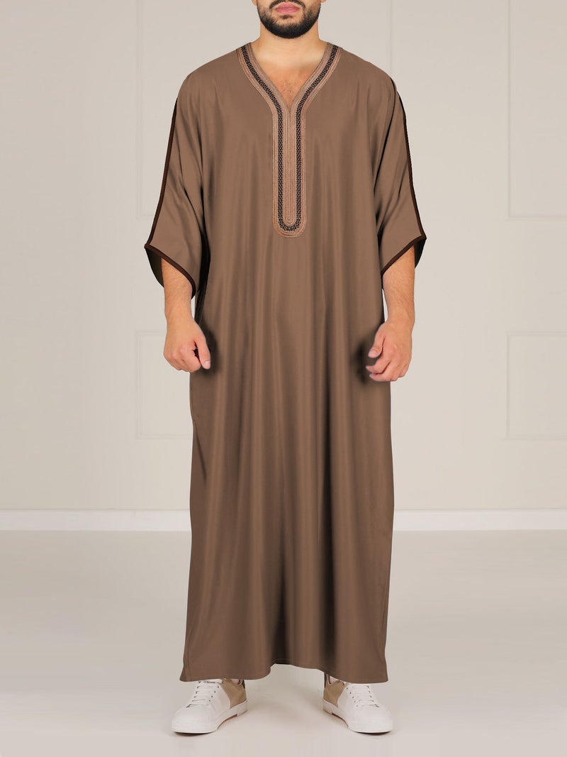 Men's Embroidered Mid-Sleeve Long Kurta with Side Pockets - Image 1