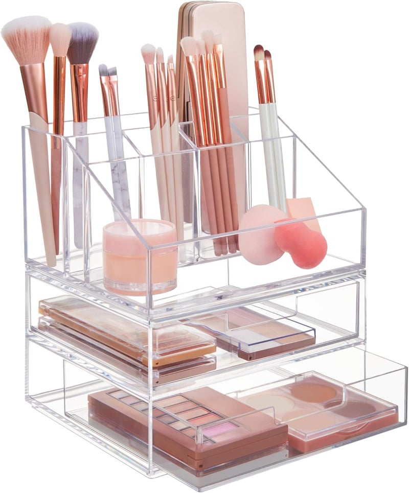 STORi Chloe Stackable Makeup Holder Drawer Organizer Set Clear BPAFree Plastic Made in USA Organize Brushes Cosmetics Beauty Essentials