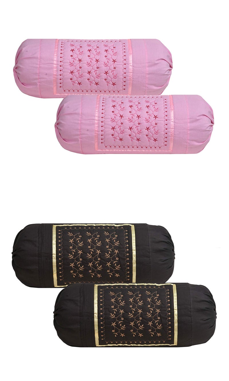 HSR Collection Embroidered Cotton Bolster Round Pillow Covers (Pack of 4, Pink & Coffee) - Image 5