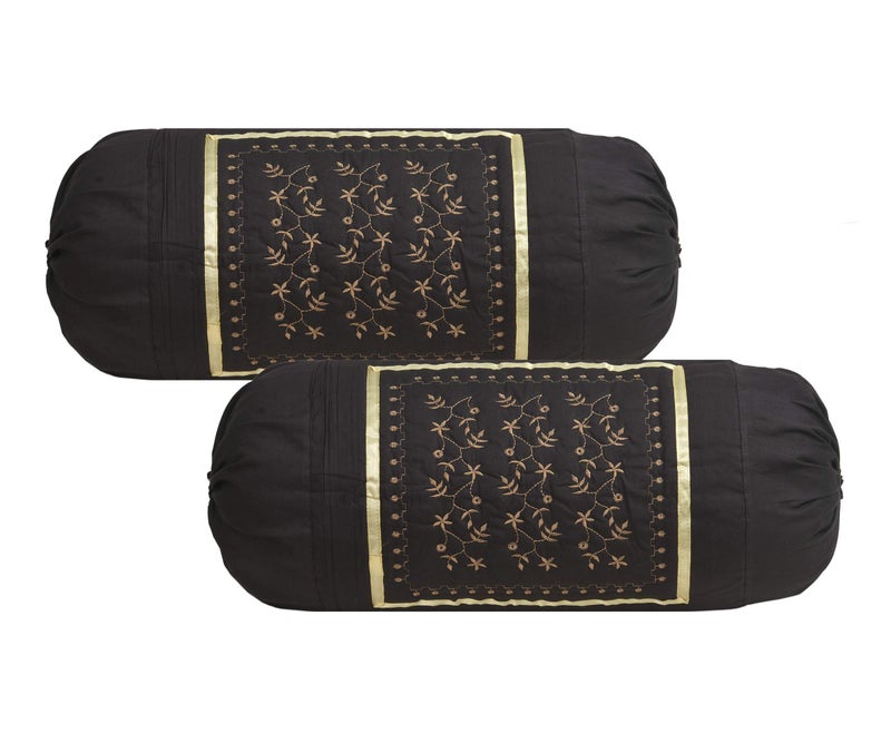 HSR Collection Embroidered Cotton Bolster Round Pillow Covers (Pack of 4, Pink & Coffee) - Image 3