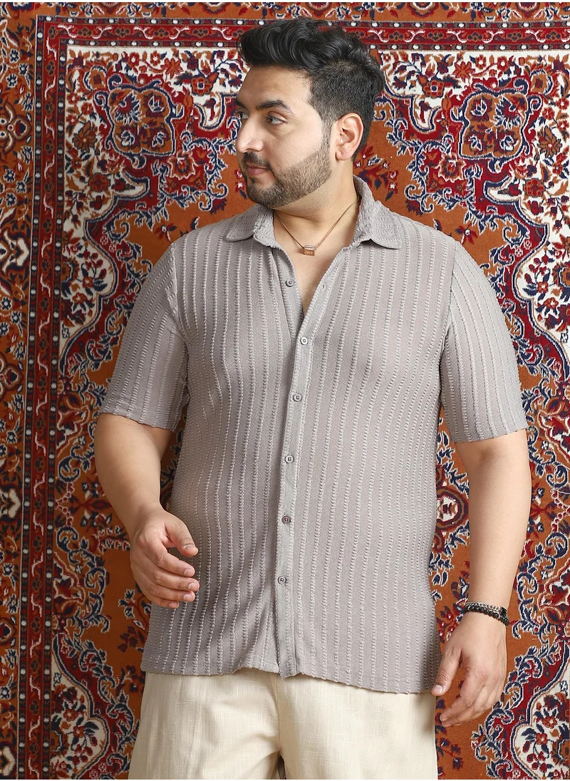 انستافاب بلس Instafab Plus Men's Moon Grey Cross-Stitch Stripe Knit Shirt For Casual Wear | Spread Collar | Short Regular Sleeves | Button Closure | Plus Size Shirt Crafted With Comfort Fit For Everyday Wear