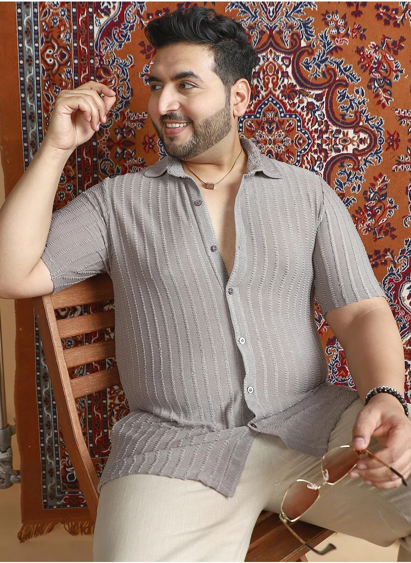 انستافاب بلس Instafab Plus Men's Moon Grey Cross-Stitch Stripe Knit Shirt For Casual Wear | Spread Collar | Short Regular Sleeves | Button Closure | Plus Size Shirt Crafted With Comfort Fit For Everyday Wear