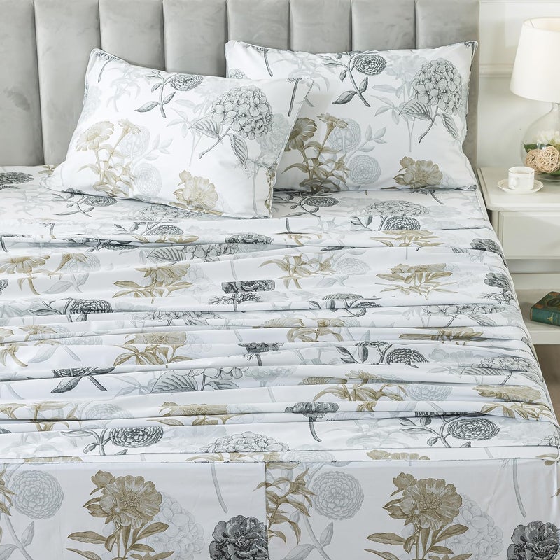FADFAY FADFAY King Size Sheets Percale Cotton Grey Floral Bed Sheets Deep Pocket Fitted Sheet  Luxury Ink Vintage Grey Hydrangea Printed Shabby White Bedding for All Season  Super Soft Crisp & Cool  4 Pcs  - Image 1