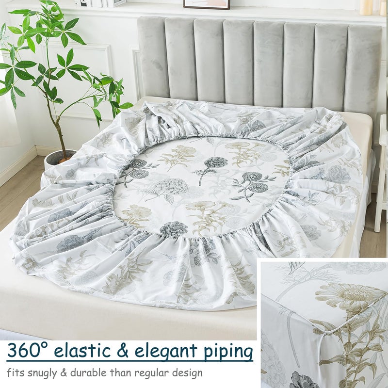 FADFAY FADFAY King Size Sheets Percale Cotton Grey Floral Bed Sheets Deep Pocket Fitted Sheet  Luxury Ink Vintage Grey Hydrangea Printed Shabby White Bedding for All Season  Super Soft Crisp & Cool  4 Pcs  - Image 4