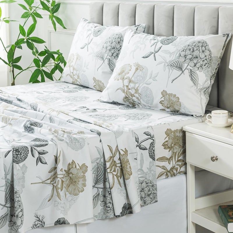 FADFAY FADFAY King Size Sheets Percale Cotton Grey Floral Bed Sheets Deep Pocket Fitted Sheet  Luxury Ink Vintage Grey Hydrangea Printed Shabby White Bedding for All Season  Super Soft Crisp & Cool  4 Pcs  - Image 2