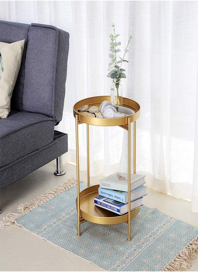 fashionhome 2 Tiers Multipurpose Portable Modern Luxury Design Stylish Golden Round Tray Table Nightstand Sofa Side Table Coffee Table for Bedroom Living Room Furniture 40x40x51.5 cm  - Image 1