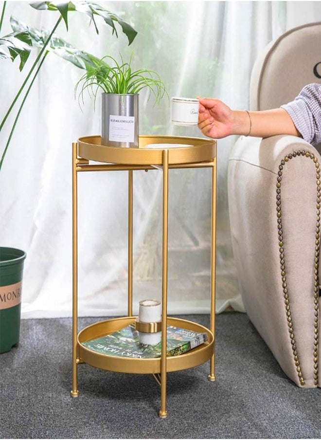 fashionhome 2 Tiers Multipurpose Portable Modern Luxury Design Stylish Golden Round Tray Table Nightstand Sofa Side Table Coffee Table for Bedroom Living Room Furniture 40x40x51.5 cm  - Image 3