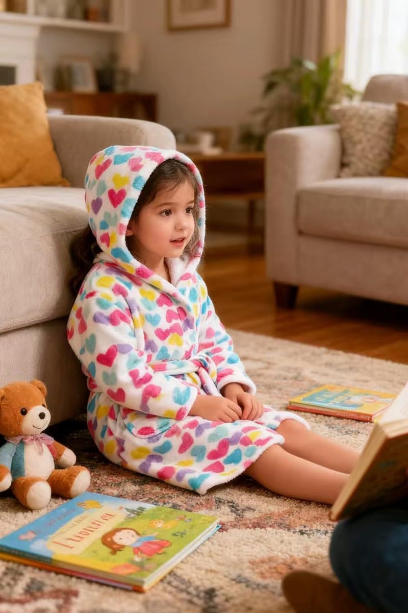 HDOBHIO Girls Fleece Hooded Robe Warm Sleepwear for Toddler Kids Soft Fuzzy Bathrobe Gifts Colorful Love 4-5 Years - Image 3