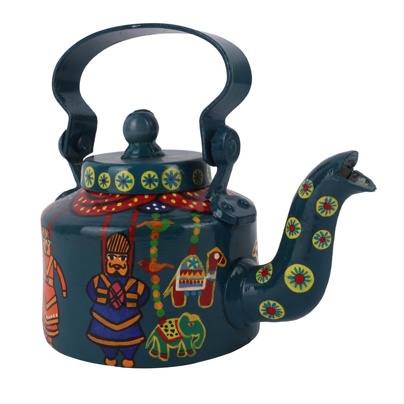 INDHA Handcrafted Rajasthani Puppet Kettle | Teal Green Decorative Aluminum Kettle 1L | Hand-Painted Art for Home, Café, Table Décor | Eco-Friendly Gift Made in India - Image 1