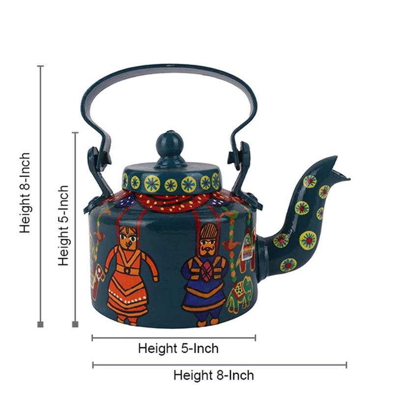 INDHA Handcrafted Rajasthani Puppet Kettle | Teal Green Decorative Aluminum Kettle 1L | Hand-Painted Art for Home, Café, Table Décor | Eco-Friendly Gift Made in India - Image 4