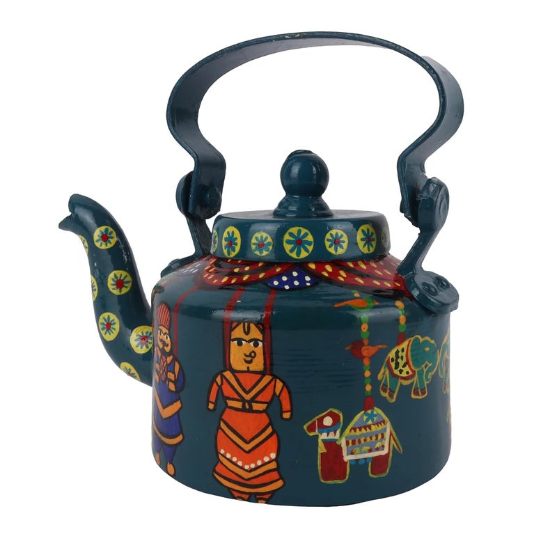 INDHA Handcrafted Rajasthani Puppet Kettle | Teal Green Decorative Aluminum Kettle 1L | Hand-Painted Art for Home, Café, Table Décor | Eco-Friendly Gift Made in India - Image 2