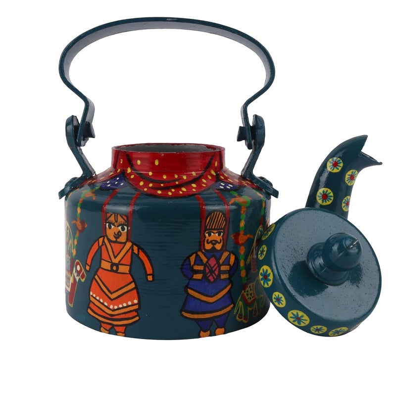 INDHA Handcrafted Rajasthani Puppet Kettle | Teal Green Decorative Aluminum Kettle 1L | Hand-Painted Art for Home, Café, Table Décor | Eco-Friendly Gift Made in India - Image 3
