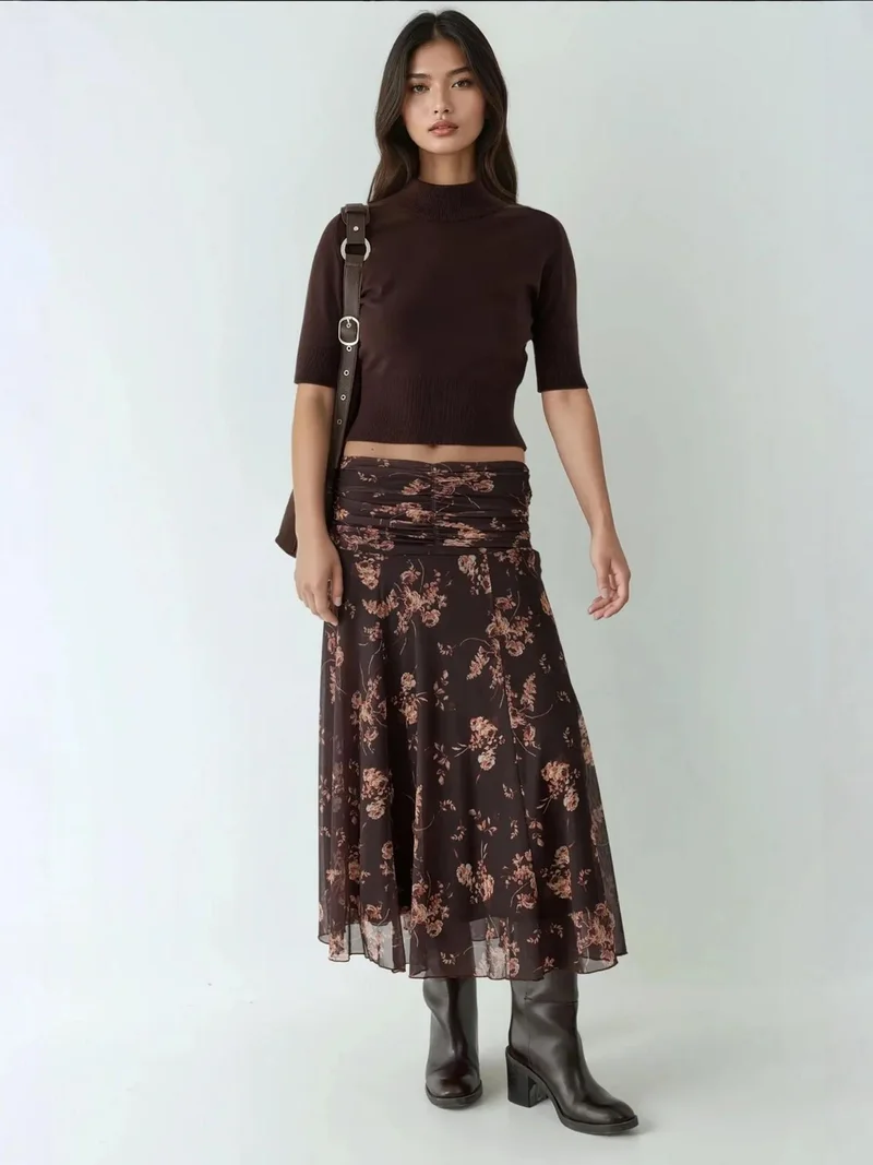 Hiccup Dark Mocha Brown Patterned Midi Wrap Skirt with Ruffle Detail for Women | Best Price UAE