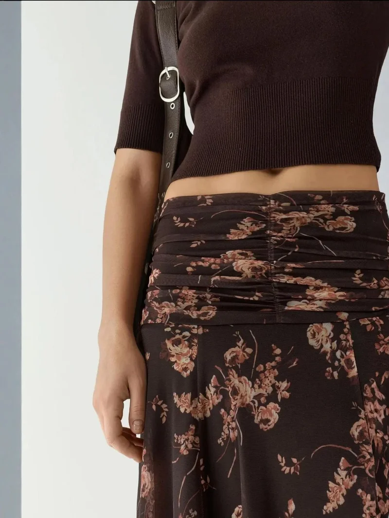 Hiccup Dark Mocha Brown Patterned Midi Wrap Skirt with Ruffle Detail for Women | Best Price UAE