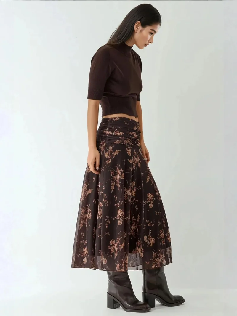 Hiccup Dark Mocha Brown Patterned Midi Wrap Skirt with Ruffle Detail for Women | Best Price UAE
