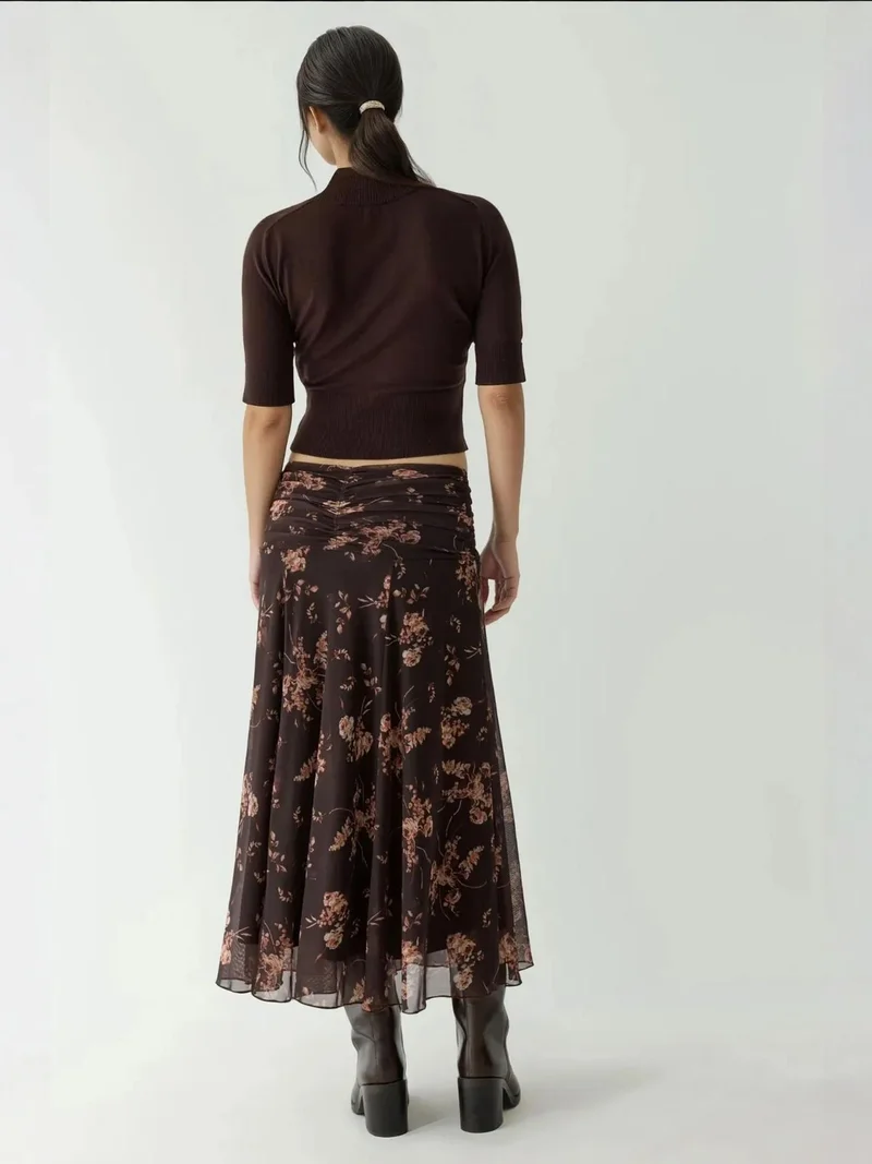 Hiccup Dark Mocha Brown Patterned Midi Wrap Skirt with Ruffle Detail for Women | Best Price UAE