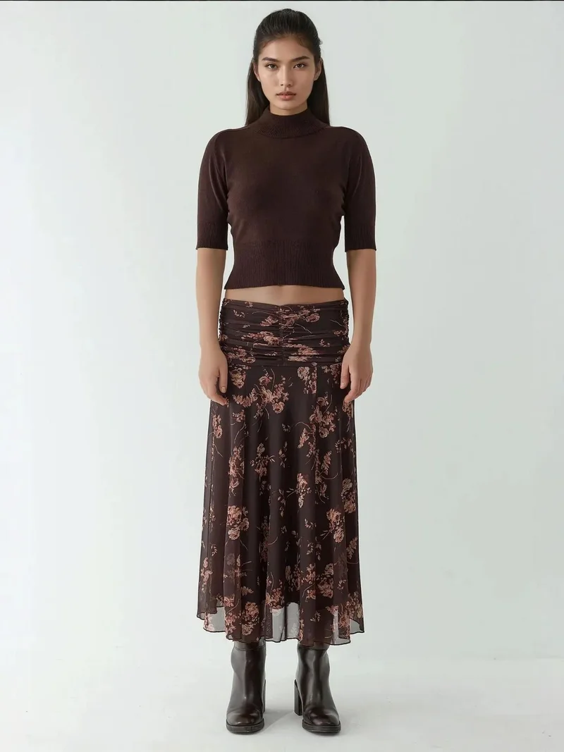 Hiccup Dark Mocha Brown Patterned Midi Wrap Skirt with Ruffle Detail for Women | Best Price UAE