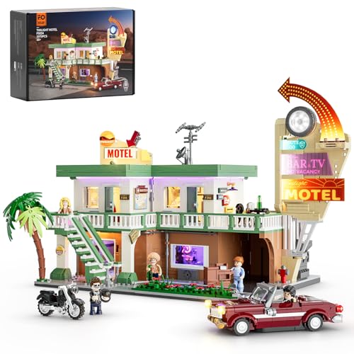 FUNWHOLE City CarHotel Lighting BuildingBricks Set Road Trip Modular Twilight Motel Collection LED Light Car and Motorcycle Building Set 1970 Pcs for Adults and Teen - Image 1