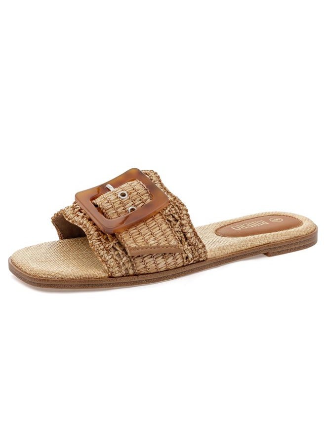 Rihero Women's Raffia Flat Sandals Square Open Toe Summer Beach Slip On Woven Buckle Slide Sandals, Brown, 7 - Image 1