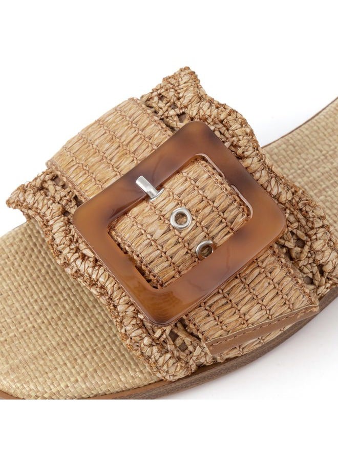 Rihero Women's Raffia Flat Sandals Square Open Toe Summer Beach Slip On Woven Buckle Slide Sandals, Brown, 7 - Image 5