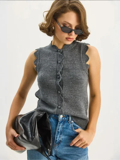 Bianco Lucci LUCCI Frilly Crew Neck Knit Waistcoat