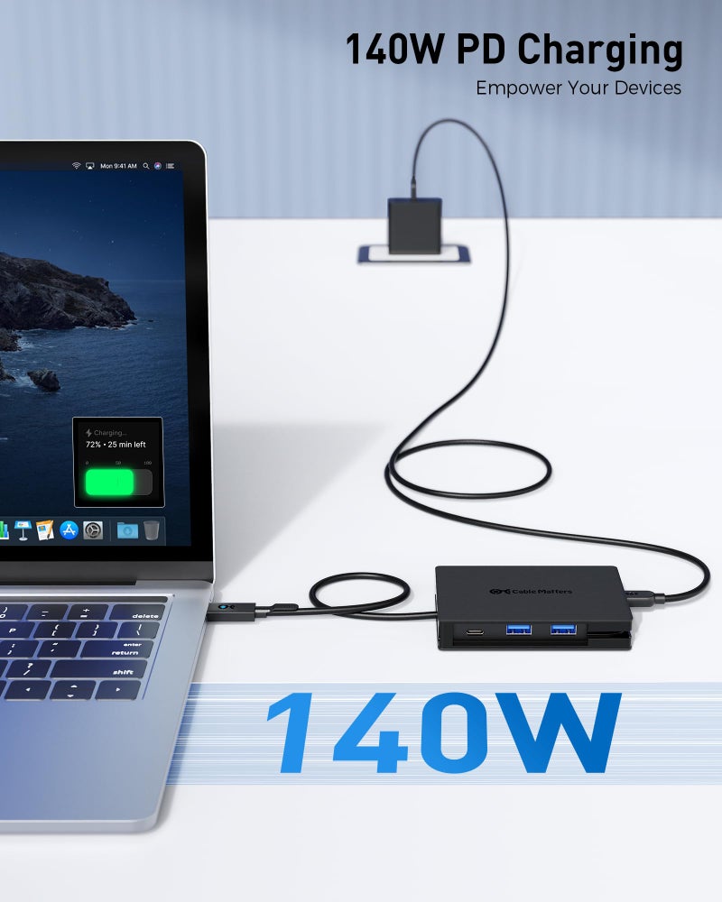 Cable Matters 8-in-1 USB C Hub Multiport Adapter with Dual 4K@60Hz HDMI, 140W PD Charging, Gigabit Ethernet, 10Gbps Data Transfer: 2X USB-C & 1x USBA 3.2 Ports (Support ONE External Display on MacOS) - Image 5