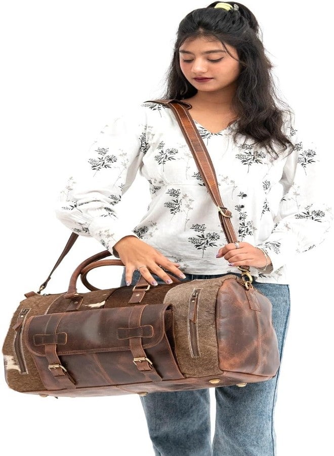 NATURALS EXPORT Real Cowhide Leather Duffel Bag Cow skin Hairon Leather Exotic Travel Sports Bag Large Gym Bag Overnight Bag (Brown n White) 20 Inch, Brown, 20 Inch, Travel Duffle Bag With Adjustable - Image 3