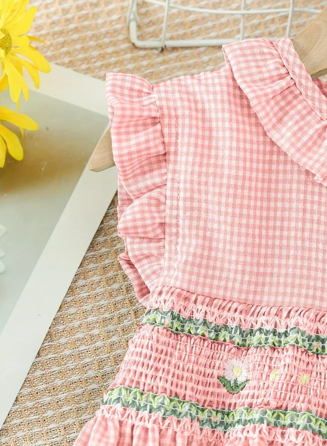 Take Two Take Two Girls Pink Checked Smocked Detail Dress