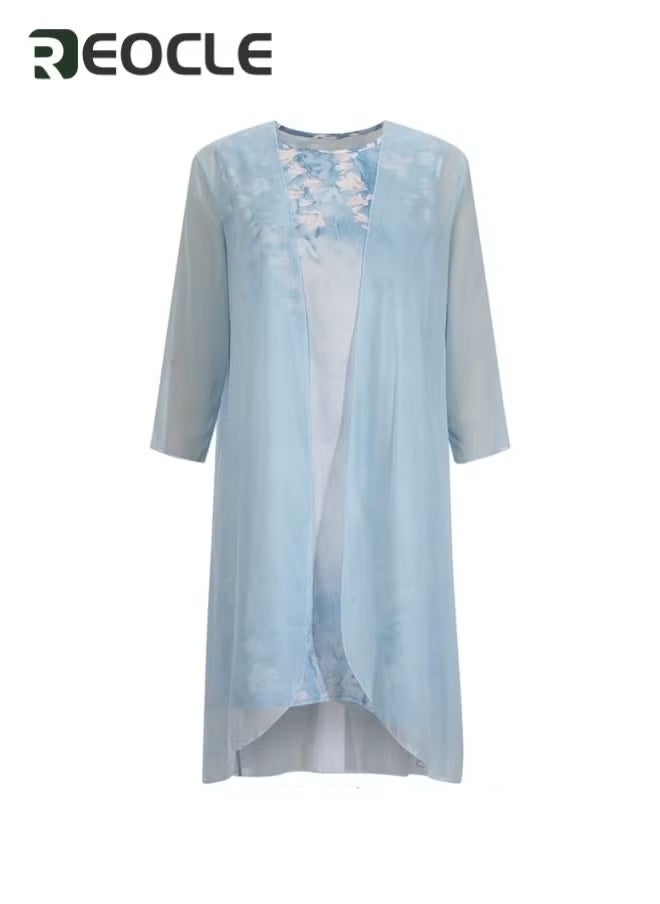 REOCLE Women's Floral Midi Dress with Chiffon Jacket Elegant 2 Piece Set Casual Sleeveless Flowy Dress with Cardigan - Image 3