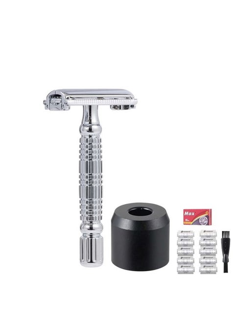 Double Edge Safety Razor TTO Butterfly Twist Open DE Shaving Razor with Razor Stand, 10 Premium Blades and Mini Brush (SILVER RAZOR + BLACK STAND)