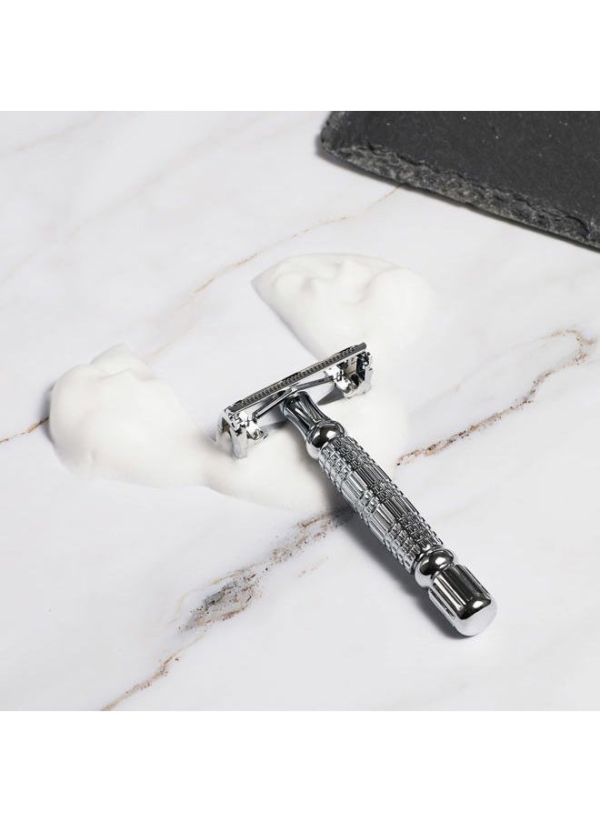 WOLFLAND - Double Edge Safety Razor TTO Butterfly Twist Open DE Shaving Razor with Razor Stand, 10 Premium Blades and Mini Brush (SILVER RAZOR + BLACK STAND) - Image 1