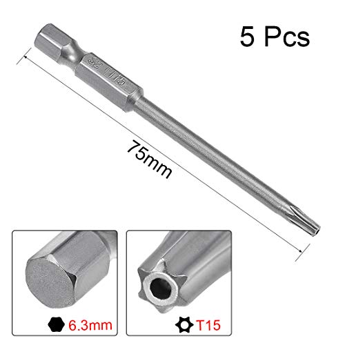 uxcell 5 Pcs T15 Magnetic Torx Screwdriver Bits, 1/4 Inch Hex Shank 3-inch Length S2 Security Tamper Proof Screw Driver Kit Tools - Image 2