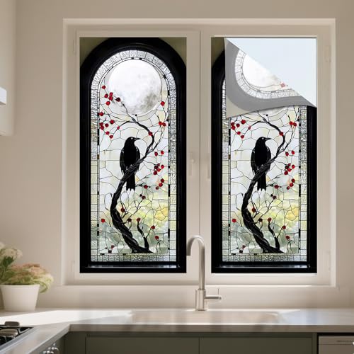 IVN Stained Glass Window Film 17.7x39.3 inch Raven and Moon Window Privacy Film Stained Decals Static Cling Sun Blocking Decor for Home Office Windows Door Glass Partitions - Image 5