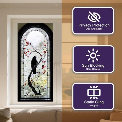 IVN Stained Glass Window Film 17.7x39.3 inch Raven and Moon Window Privacy Film Stained Decals Static Cling Sun Blocking Decor for Home Office Windows Door Glass Partitions - Image 2