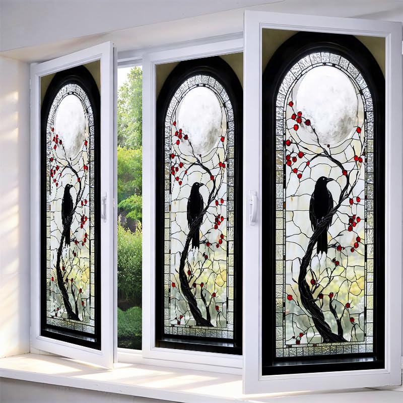 IVN Stained Glass Window Film 17.7x39.3 inch Raven and Moon Window Privacy Film Stained Decals Static Cling Sun Blocking Decor for Home Office Windows Door Glass Partitions - Image 1