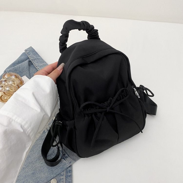 Korean Style Ins Pleated Backpack Nylon Solid Color Simple All-match Casual Backpack Large Capacity Schoolbag for Women Black 