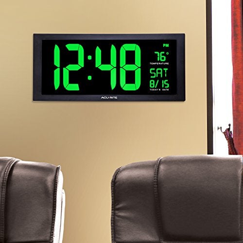 AcuRite 76101M Oversized LED Clock with Indoor Temperature, Date and Fold-Out Stand, 18", Green - Image 4
