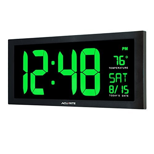 AcuRite 76101M Oversized LED Clock with Indoor Temperature, Date and Fold-Out Stand, 18", Green - Image 2