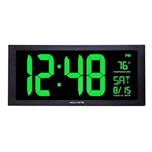 AcuRite 76101M Oversized LED Clock with Indoor Temperature, Date and Fold-Out Stand, 18", Green - Image 1