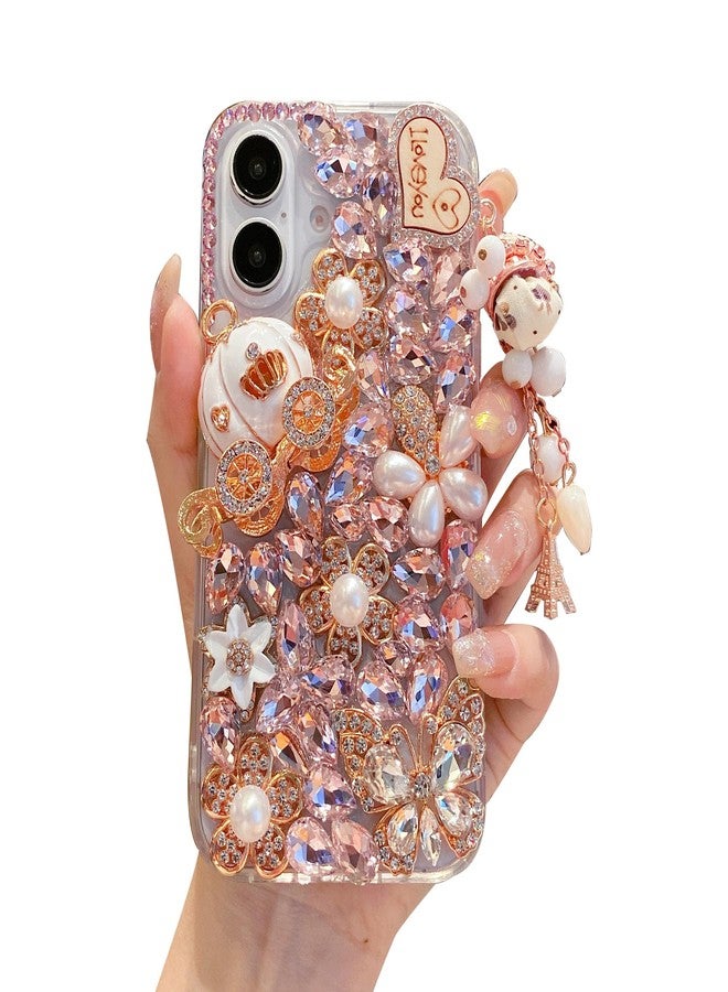 iFiLOVE جراب iFiLOVE لهاتف iPhone 16 Plus مرصع بالألماس، غطاء فاخر ثلاثي الأبعاد مزين بأحجار الراين الكريستالية اللامعة على شكل فراشة وزهرة، مناسب للفتيات والنساء والأطفال (وردي) - Image 1
