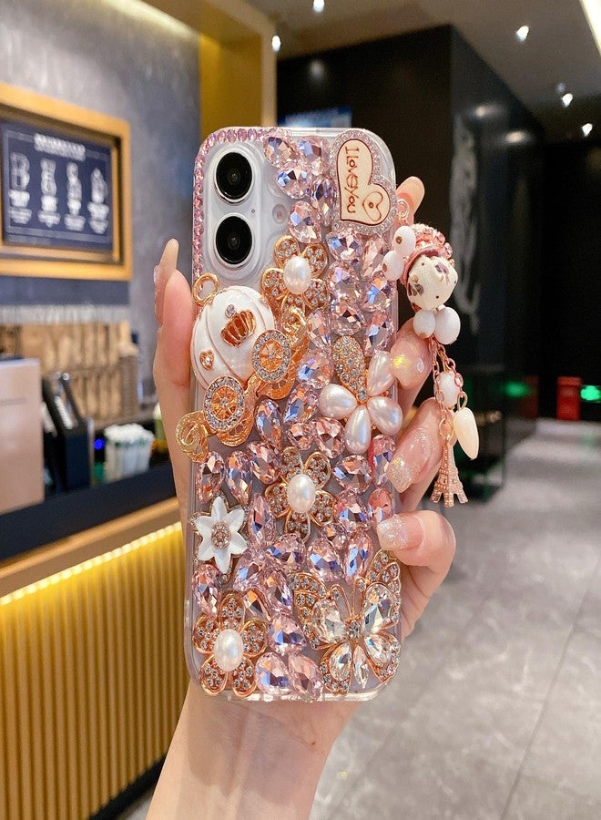 iFiLOVE جراب iFiLOVE لهاتف iPhone 16 Plus مرصع بالألماس، غطاء فاخر ثلاثي الأبعاد مزين بأحجار الراين الكريستالية اللامعة على شكل فراشة وزهرة، مناسب للفتيات والنساء والأطفال (وردي) - Image 5