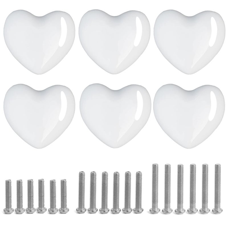 Perphin Ceramic Drawer Knobs Heart Shape Cabinet Dresser Pulls Handles with 3 Sized Screws Kitchen Furniture Knobs for Closet Cupboard Wardrobe 6 Pack White