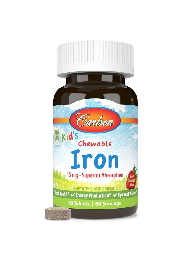 Carlson - Kid's Chewable Iron, 15 mg, Superior Absorption, Blood Health, Energy Production & Optimal Wellness, Natural Strawberry Flavor, 60 Tablets - Image 1