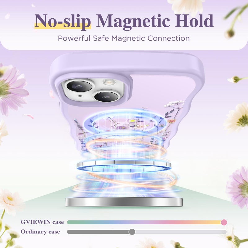 GVIEWIN Cute for iPhone 14 Case & iPhone 13 Case [Compatible with MagSafe] [Curly Wave Edge] Floral Translucent Magnetic Shockproof Protective Phone Cover for iPhone 14/13 6.1'', Floratopia/Colorful - Image 3