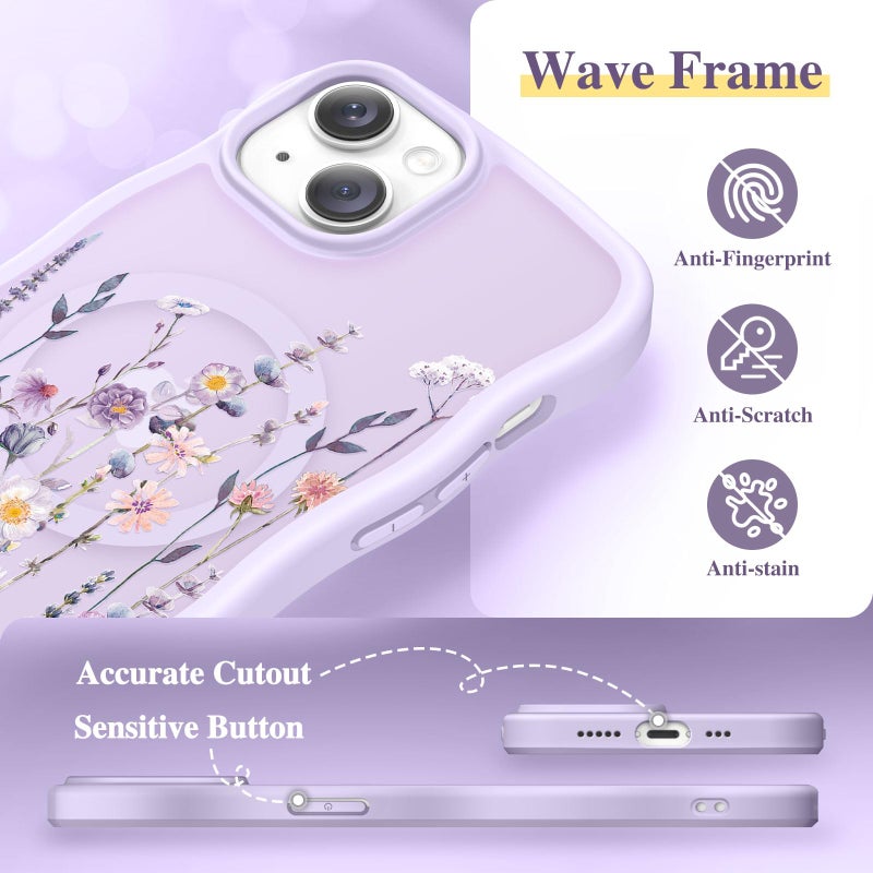 GVIEWIN Cute for iPhone 14 Case & iPhone 13 Case [Compatible with MagSafe] [Curly Wave Edge] Floral Translucent Magnetic Shockproof Protective Phone Cover for iPhone 14/13 6.1'', Floratopia/Colorful - Image 5