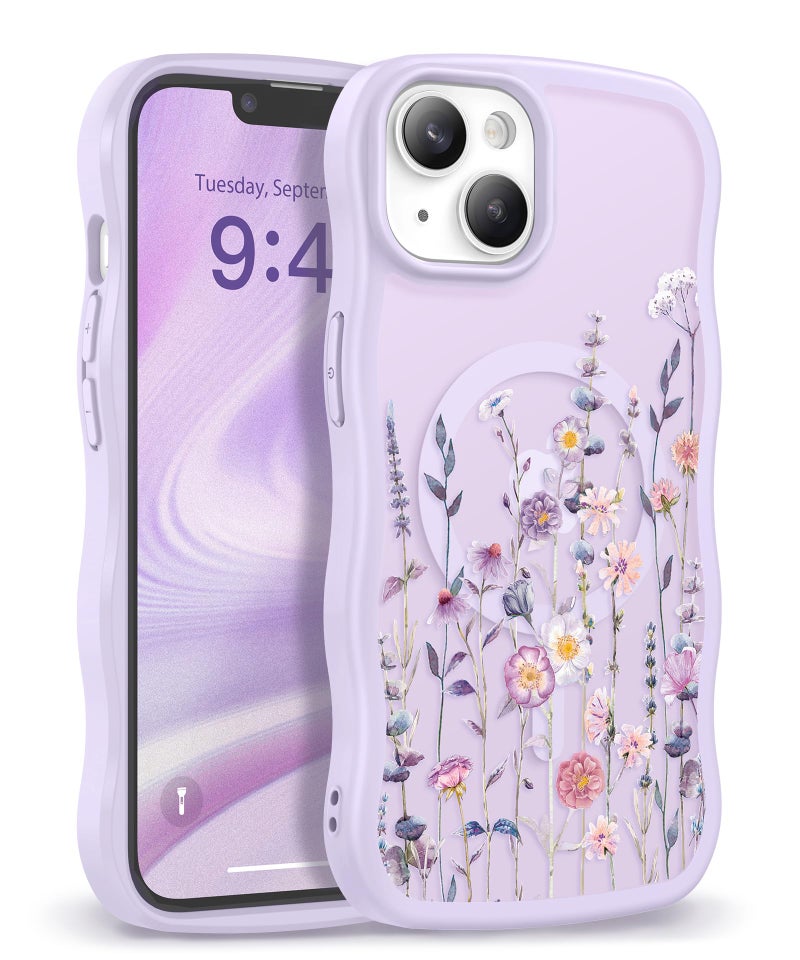 GVIEWIN Cute for iPhone 14 Case & iPhone 13 Case [Compatible with MagSafe] [Curly Wave Edge] Floral Translucent Magnetic Shockproof Protective Phone Cover for iPhone 14/13 6.1'', Floratopia/Colorful - Image 1