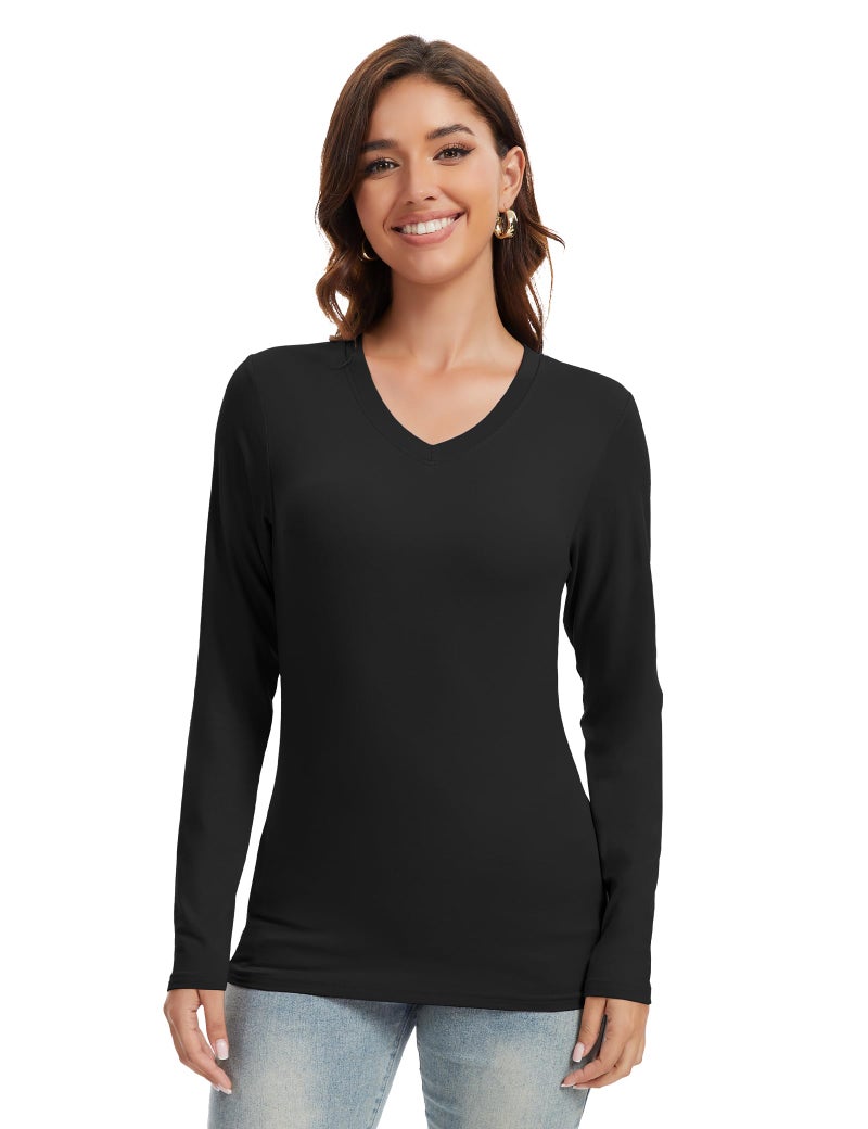 Kinglaman 5 Pack Womens Basic Long Sleeve V Neck Shirts Slim Fitted Tight T Shirts Underscrubs Fall Casual Going Out Tops 2 Black 2 White 1 Heather Grey Small - Image 2