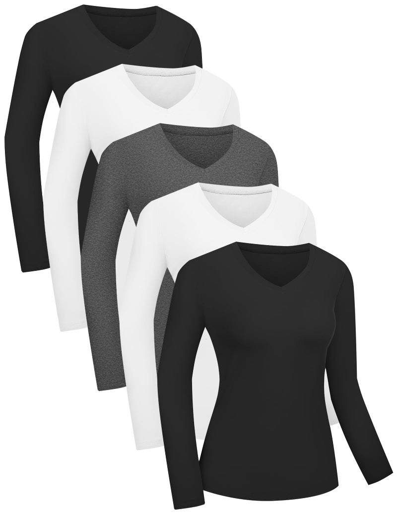 Kinglaman 5 Pack Womens Basic Long Sleeve V Neck Shirts Slim Fitted Tight T Shirts Underscrubs Fall Casual Going Out Tops 2 Black 2 White 1 Heather Grey Small - Image 1