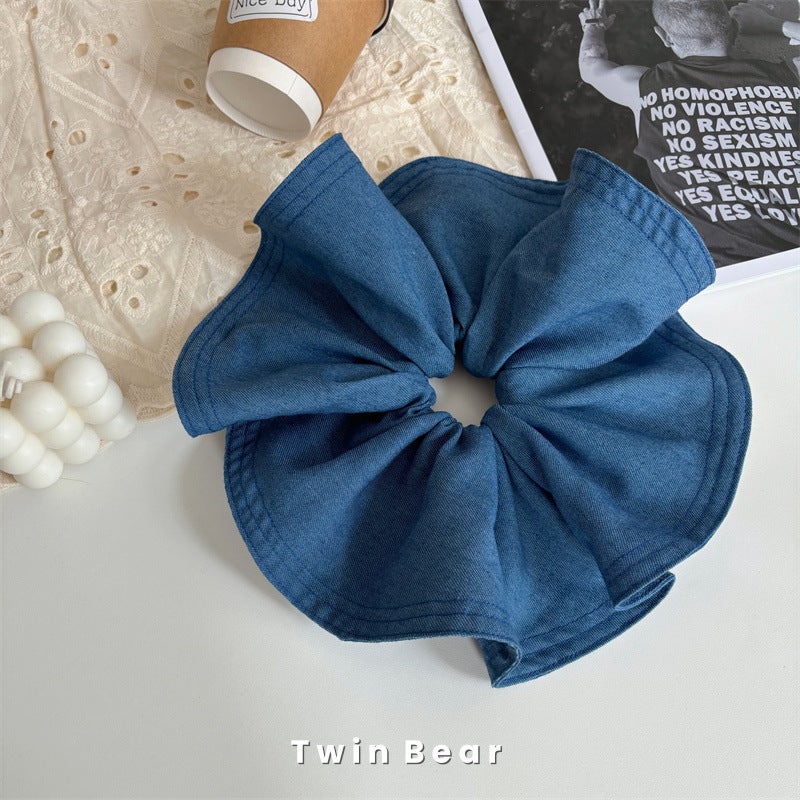 Generic Classic Denim Bow Scrunchie Large Spring Summer Large denim blue skirt hair tie