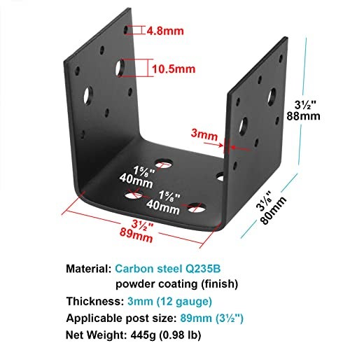 eoere 4 PCS Black Half Post Base, Fit 4 x 4 Post Anchor Connector, Deck Framing Joist Hanger Brackets Support, Inner Size 3-1/2", 11 Gauge(1/8" ) Thick - Image 2